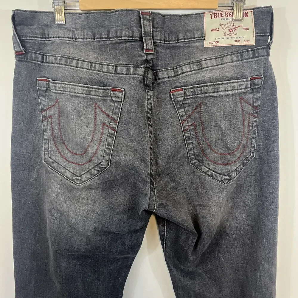 True Religion Men's Washed Gray Straight Jeans with Red Stitching